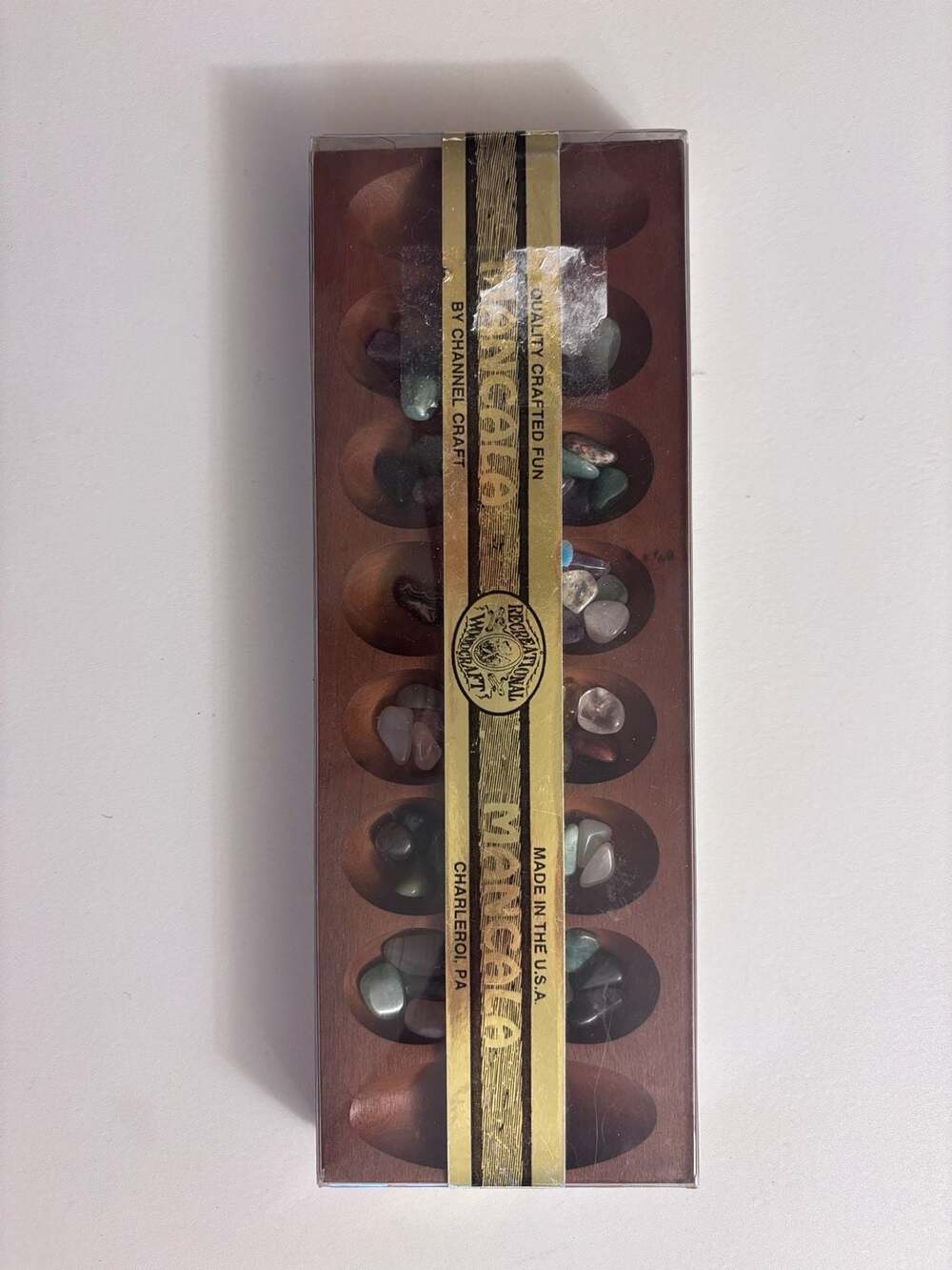 Vintage Channel Craft Wooden Mancala Game with Polished Gemstone Playing Pieces
